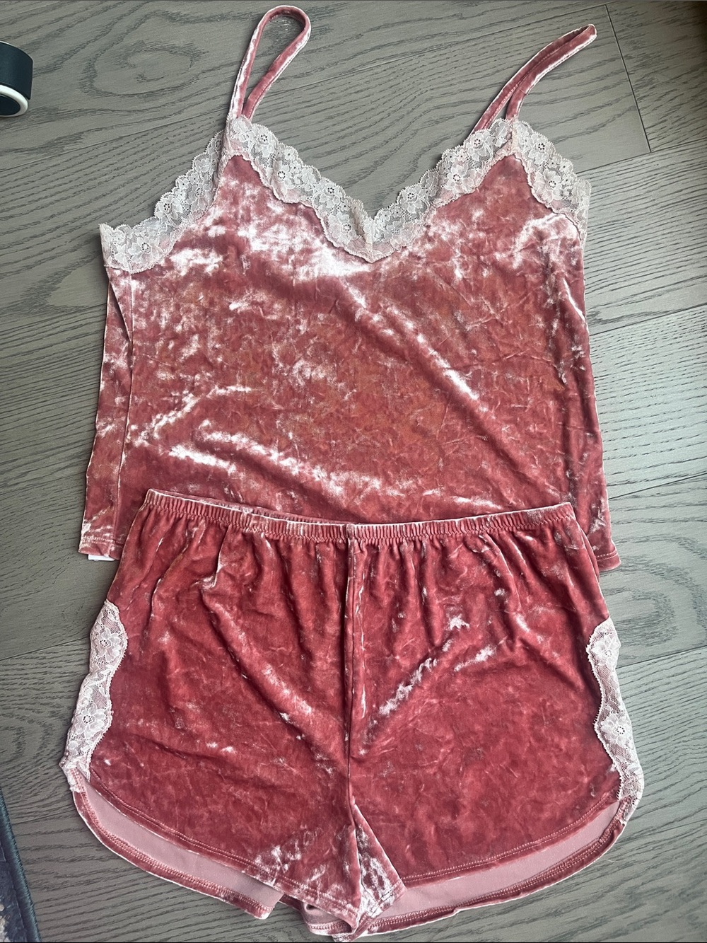 Velvet Lace Trim Cami & Short Set - Blush Rose